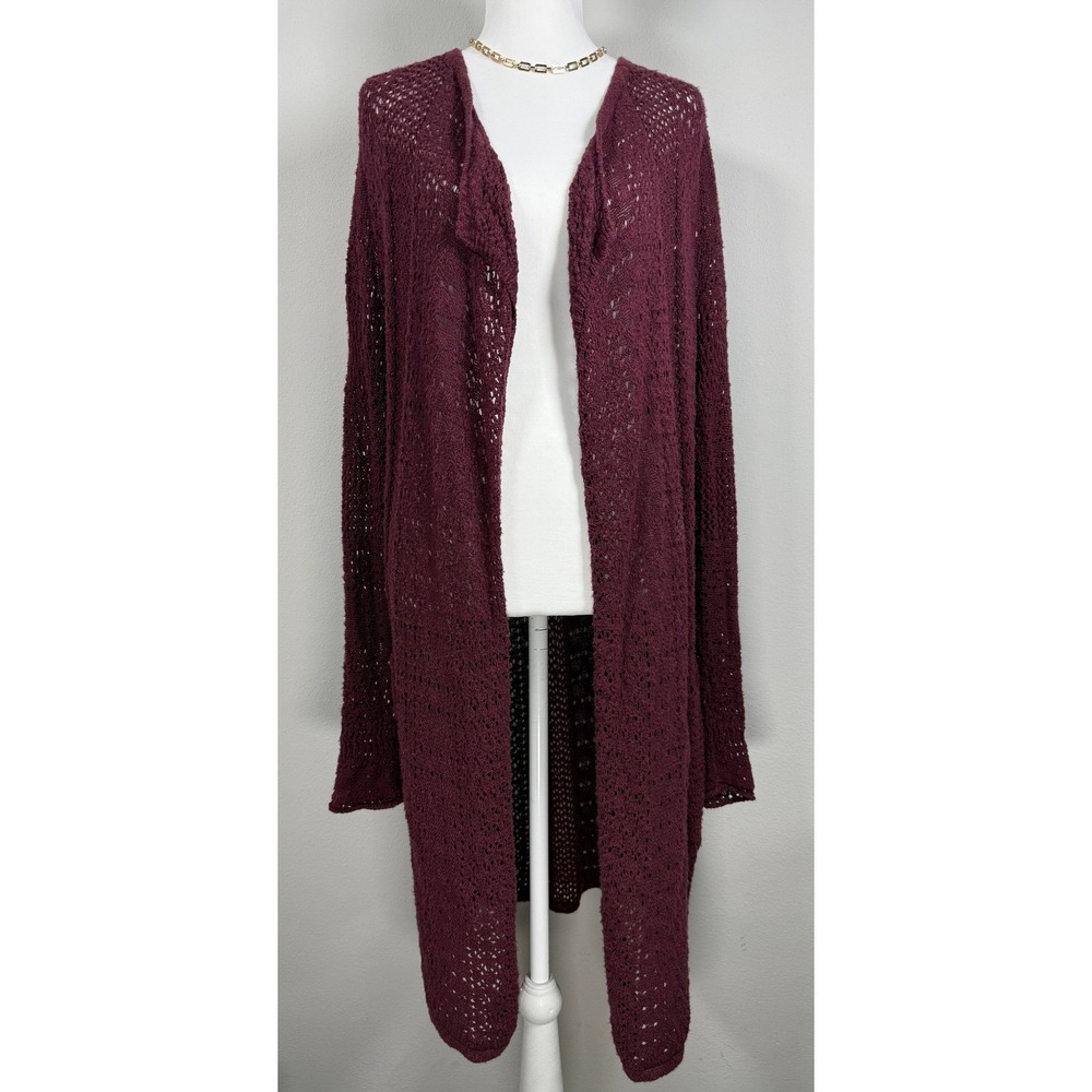 Lucky Brand Cardigan Women L Burgundy Open Knit Duster Longline Sweater Boho